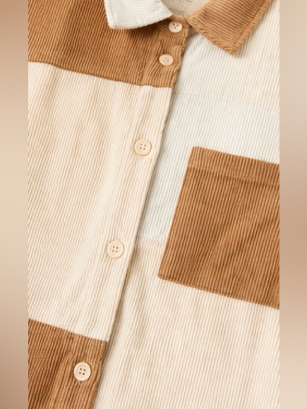 Colorblock Corduroy Shacket Oversized Boho Western Shirt Chic Neutral Jacket, S - Picture 6 of 11